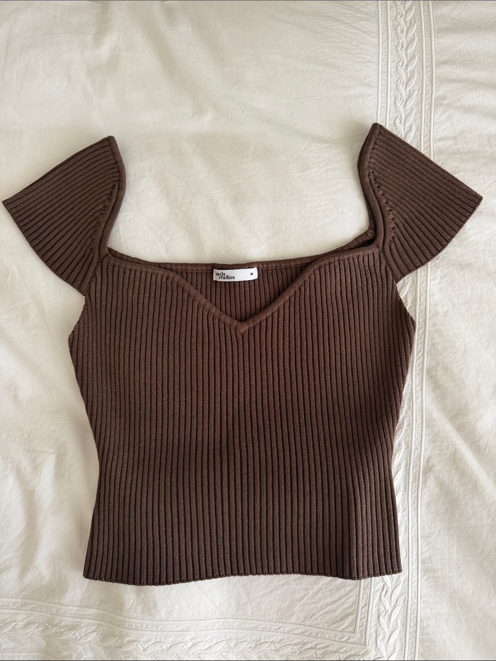 Brown Ribbed V-Neck Knit Top
